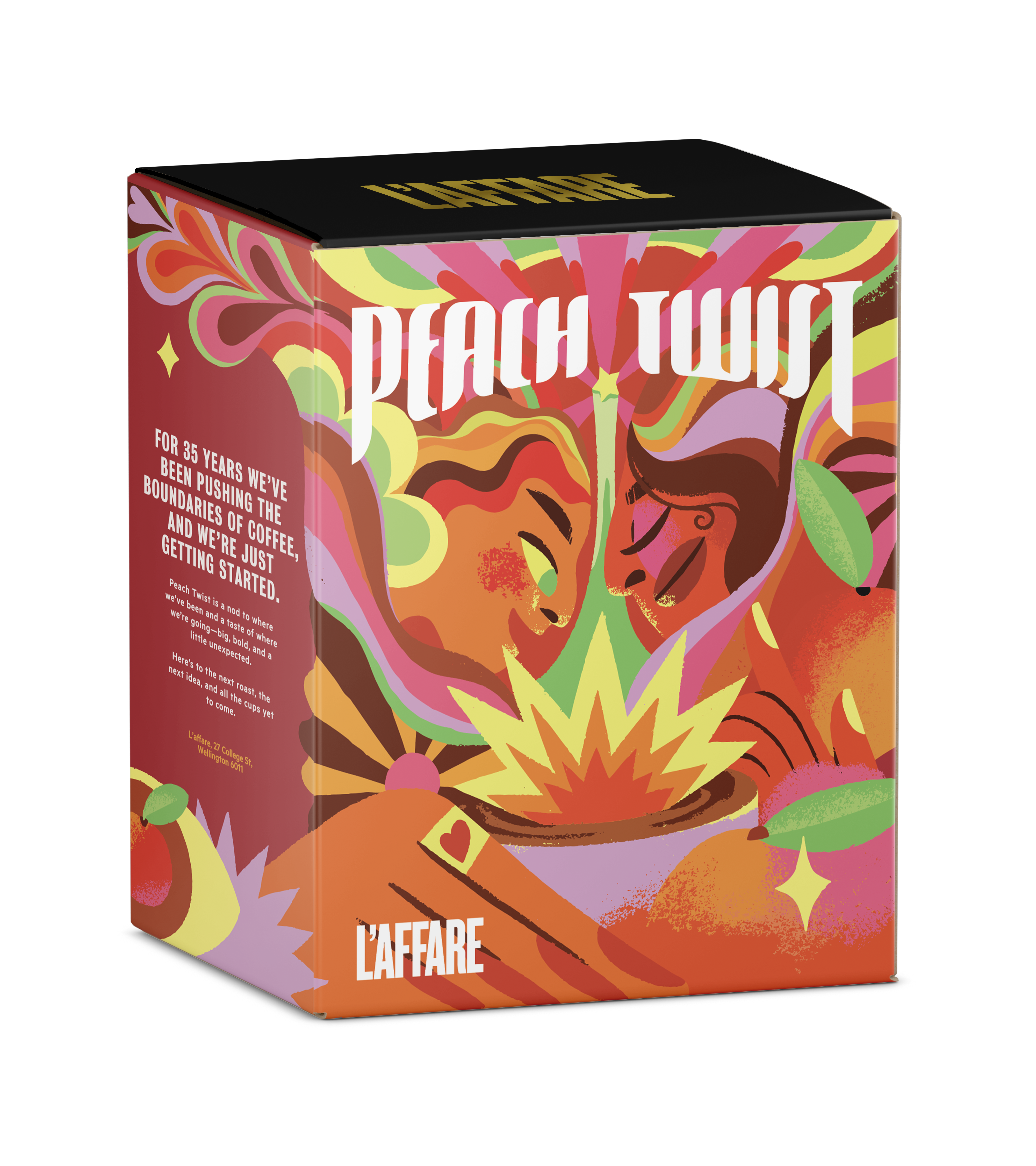 L’affare Peach Twist coffee box with bold, psychedelic artwork featuring two abstract faces surrounded by peach tones, leaves, and vibrant bursts of color. Text reads “Peach Twist” and “For 35 years we’ve been pushing the boundaries of coffee, and we’re just getting started."