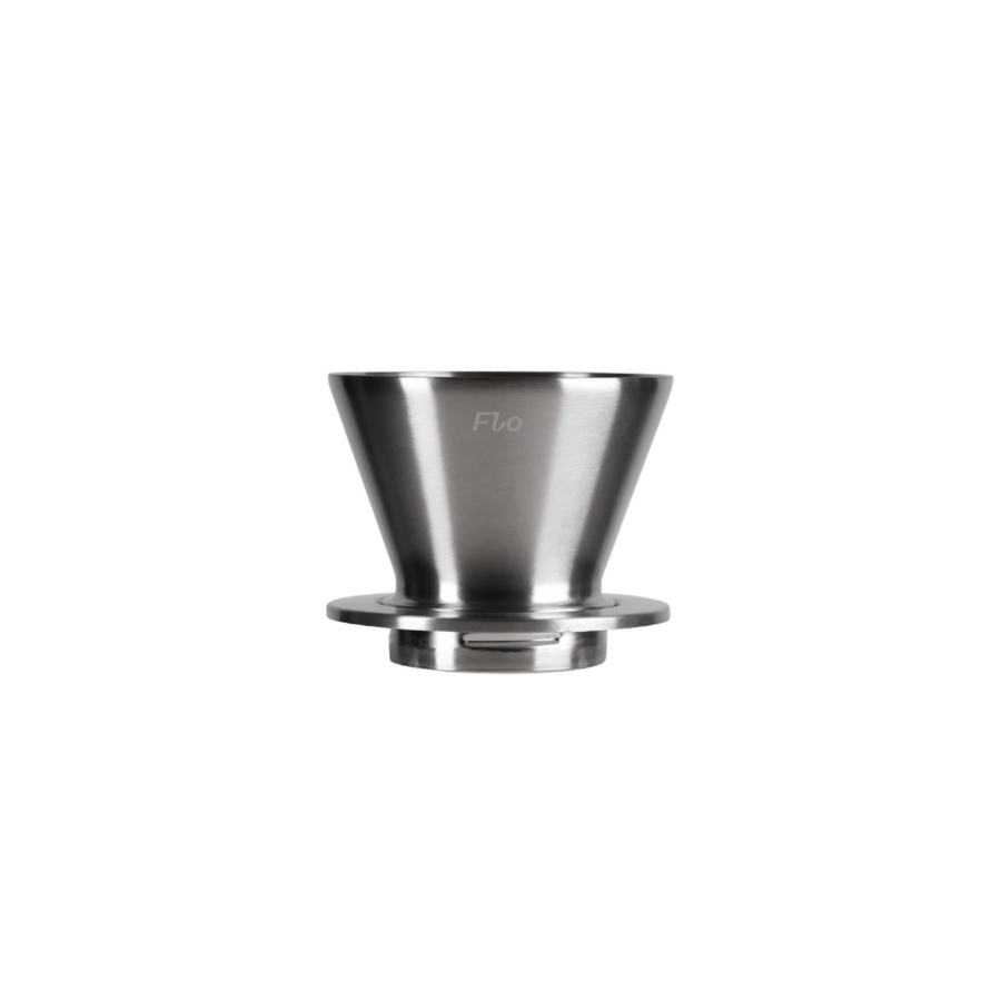 Shiny silver stainless steel cone-shaped dripper.