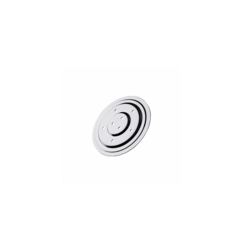 Thin shiny circular silver screen with tiny holes.